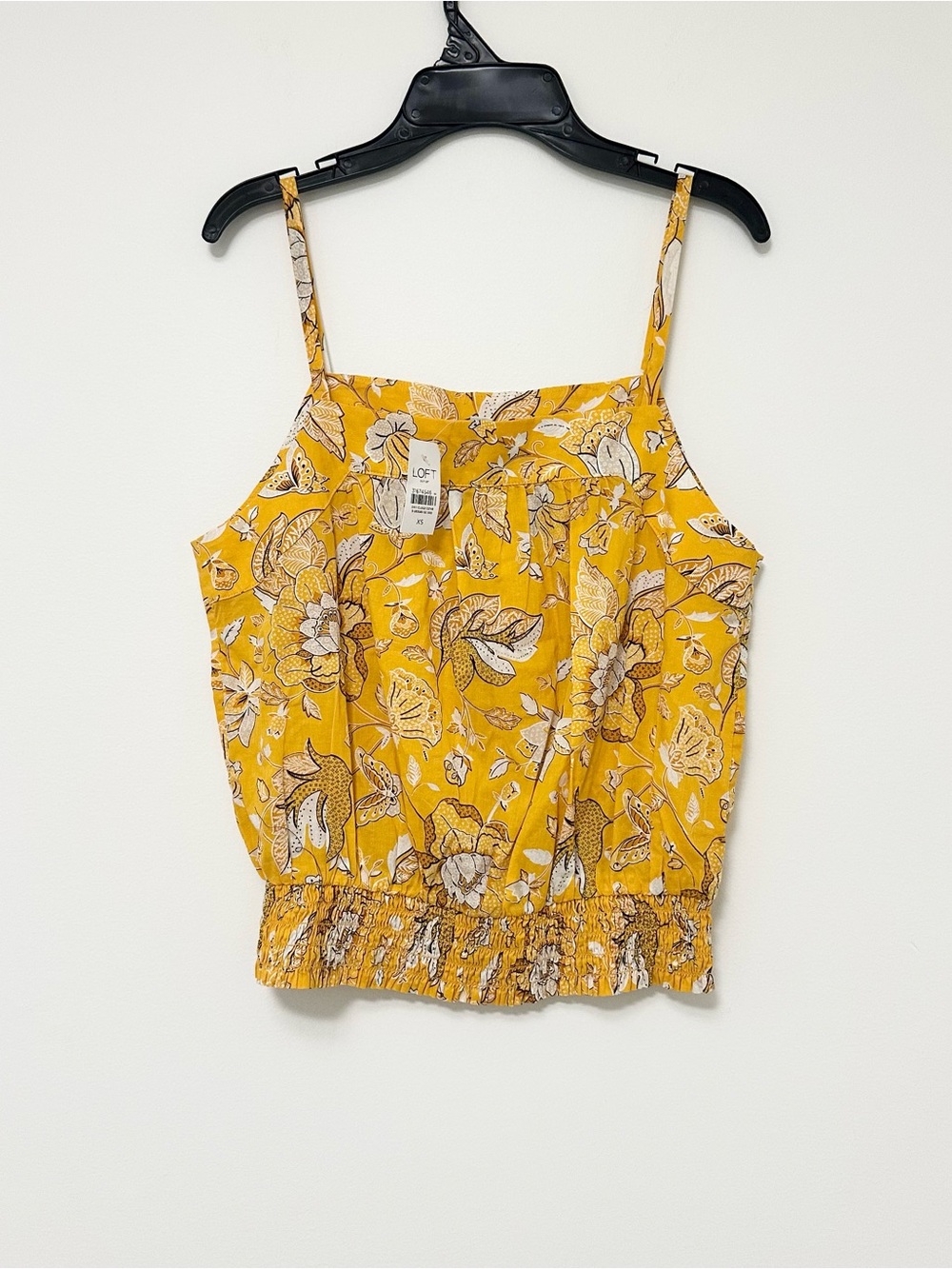 LOFT 100% Cotton Yellow Floral Smocked Hem Cami Tank Top Ruched Bottom Women XS